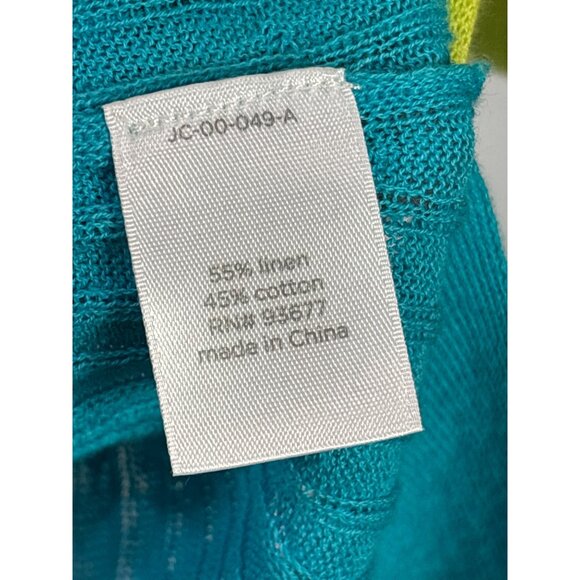 JCP Colorblock V-Neck Sweater XL Lime Green Blue Linen Cotton Blend Ribbed Knit - Picture 4 of 5